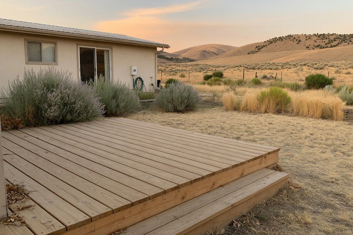 A low wood deck a step off the yard of a one-story house, with sagebrush and dry hills behind it.