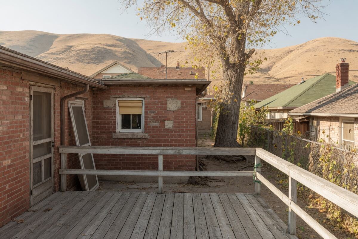 A small weathered wood deck behind an older brick house on a tight lot.
