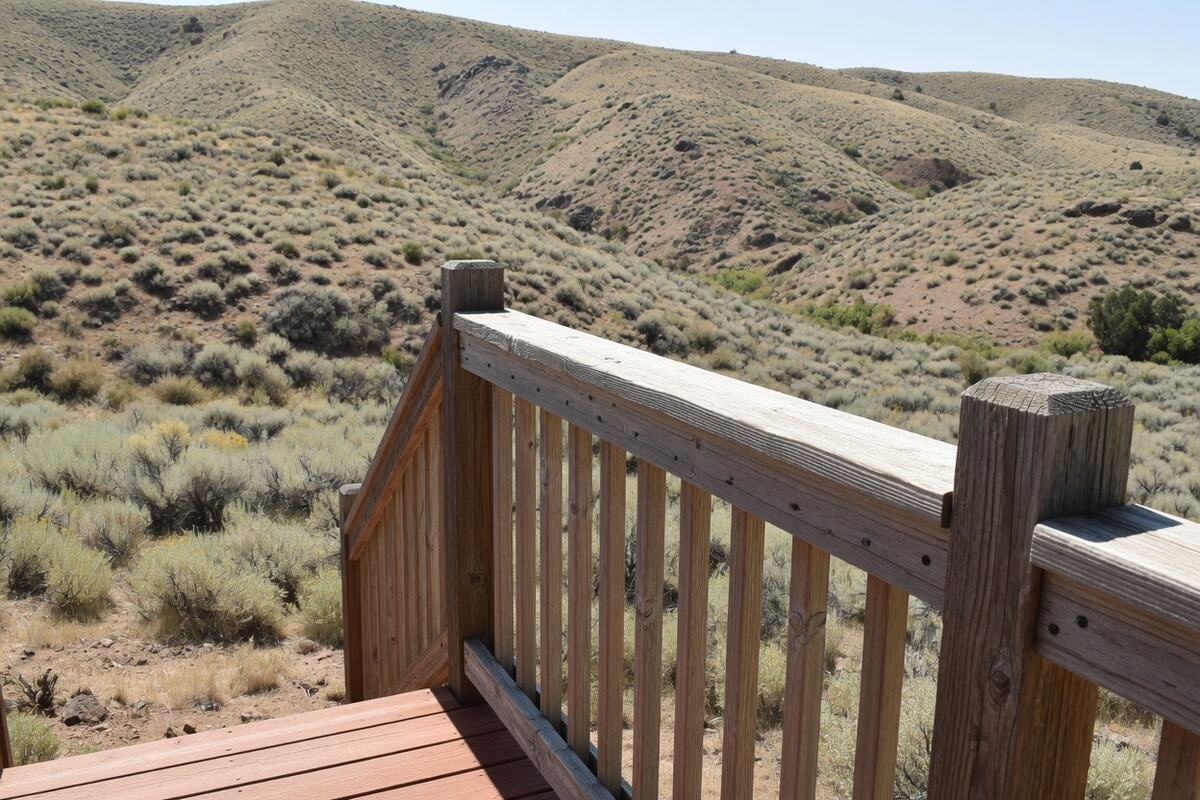 A wood guardrail along a deck, with sagebrush hills beyond.