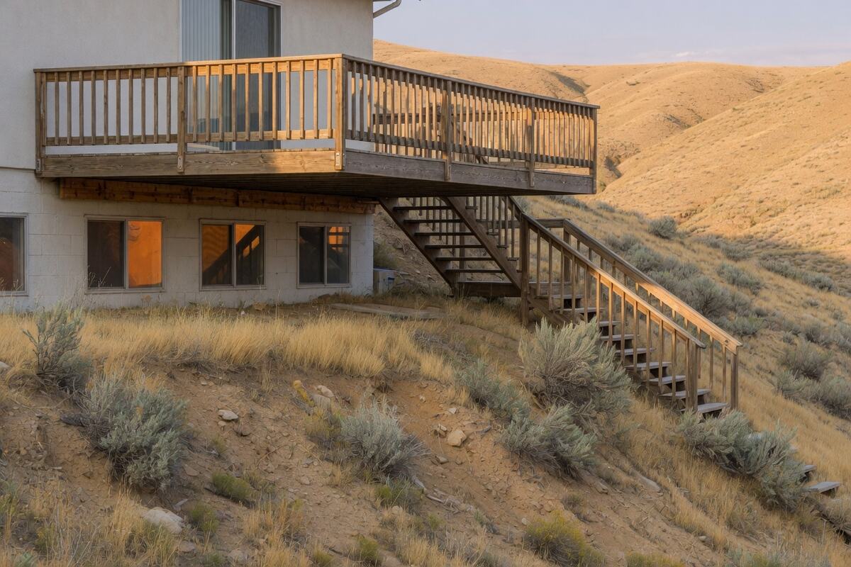 A wood deck about one storey above a sloping high-desert yard, with stairs down the hill.